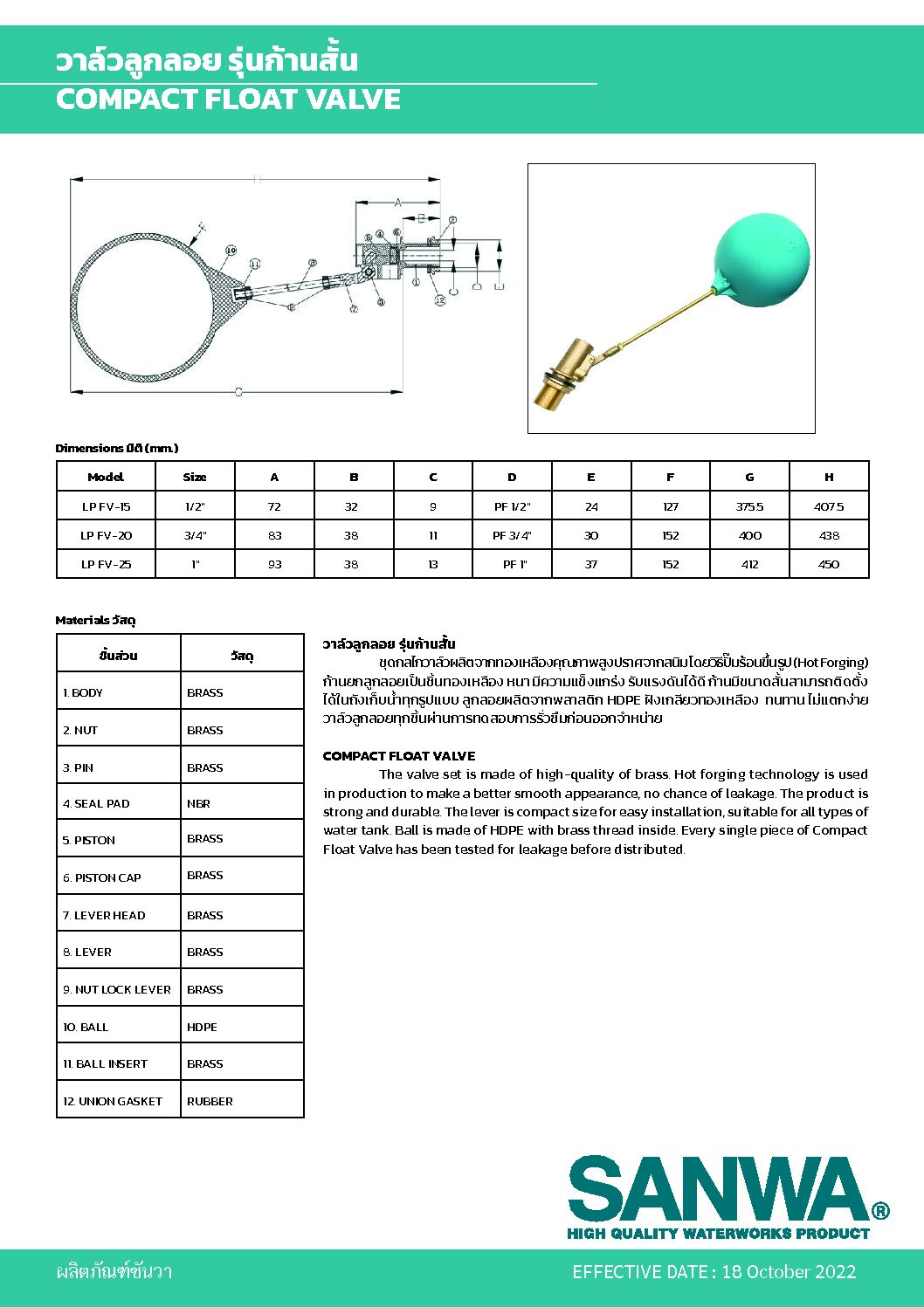 COMPACT FLOAT VALVE SANWA