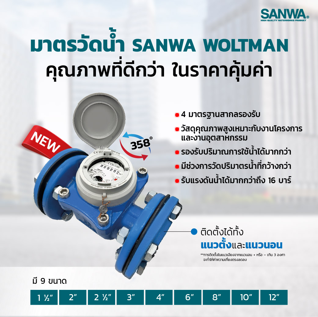 มาตรวัดน้ำ มิเตอร์น้ำ ราคา water meter SANWA Woltman
