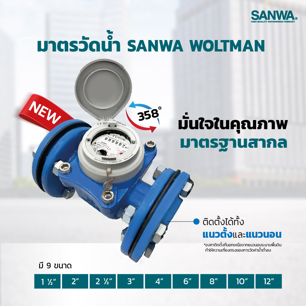 มาตรวัดน้ำ SANWA ระบบใบพัด WOLTMAN มิเตอร์น้ำ water meter